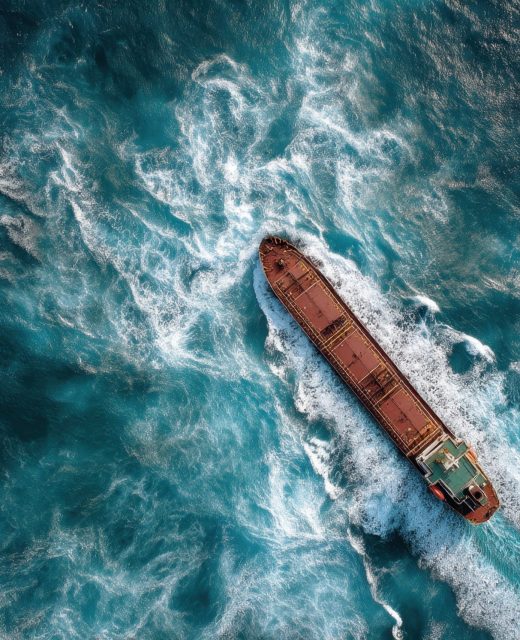 Dynamic aerial view of a cargo ship sailing across vibrant blue ocean waters leaving striking white Dynamic aerial view of a cargo ship sailing across vibrant blue ocean waters leaving striking white
